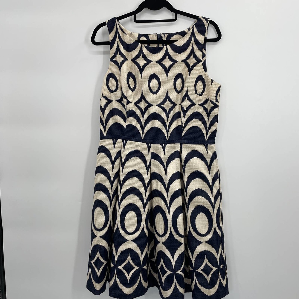 TAYLOR Blue Cream Geo Print Sleeveless Fit Flare Dress
